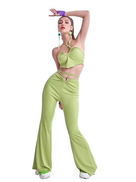 

hanky hem drawstring crisscross halter & flare leg pants b0fl#, White