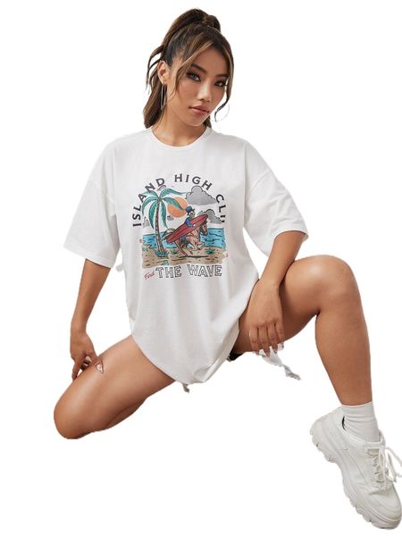 

x creatorimage letter & palm tree print drop shoulder tee w6am#, White