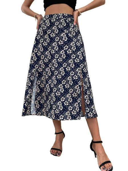 

floral & polka dot print m-slit hem skirt 26dy#, Black