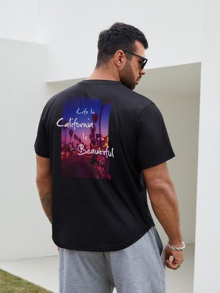 

men slogan & scenery print tee l03s#, White;black