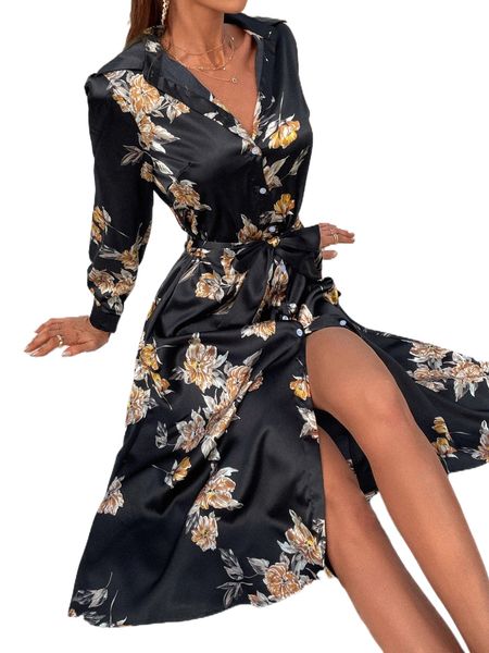 

satin floral print belted shirt dress p1wn#, Black;gray