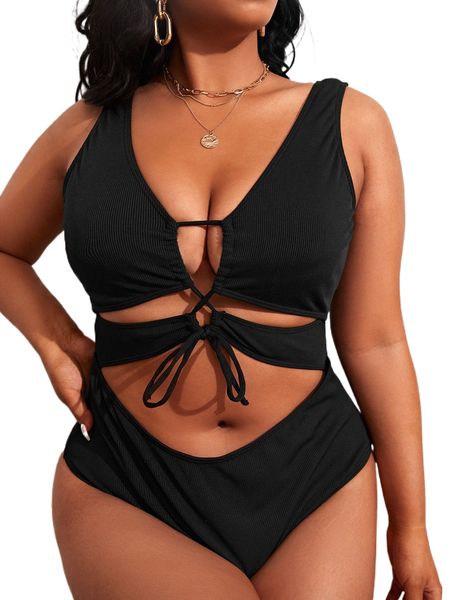 

plus cut-out lace up one piece swimsuit y9ti#, White;black