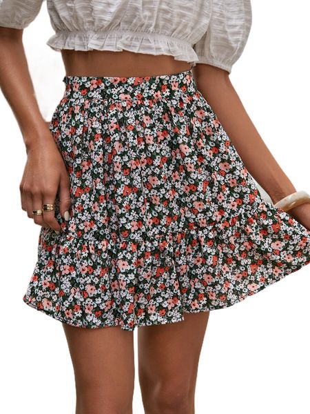 

ditsy floral print ruffle flared skirt l0jg#, Black