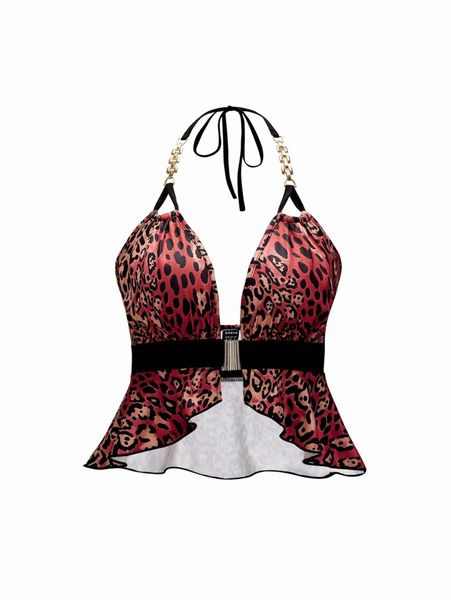 

chain strap tied backless leopard halter p0x4#, White