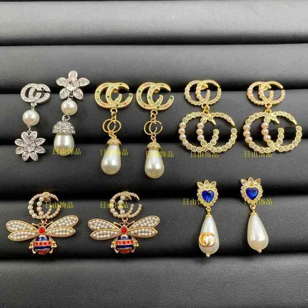 

jewelry family earrings new letter color diamond flower pearl femininity high version earrings, Golden