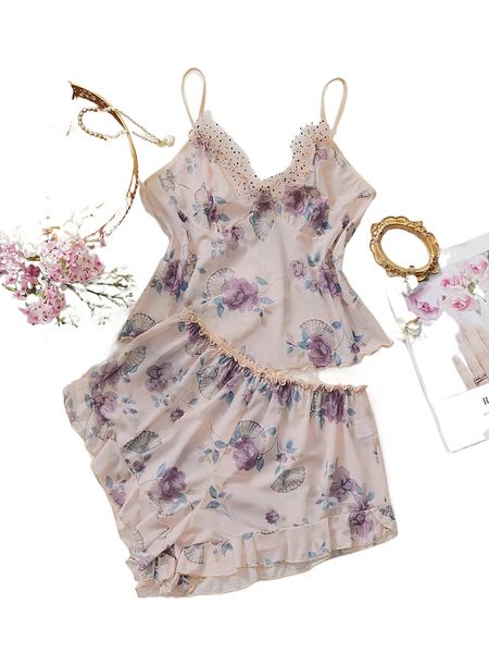 

fan & floral print ruffle trim mesh pj set 649e#, Black;red