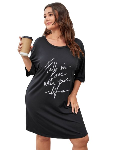 

plus slogan graphic batwing sleeve nightdress d9yx#, Black;white