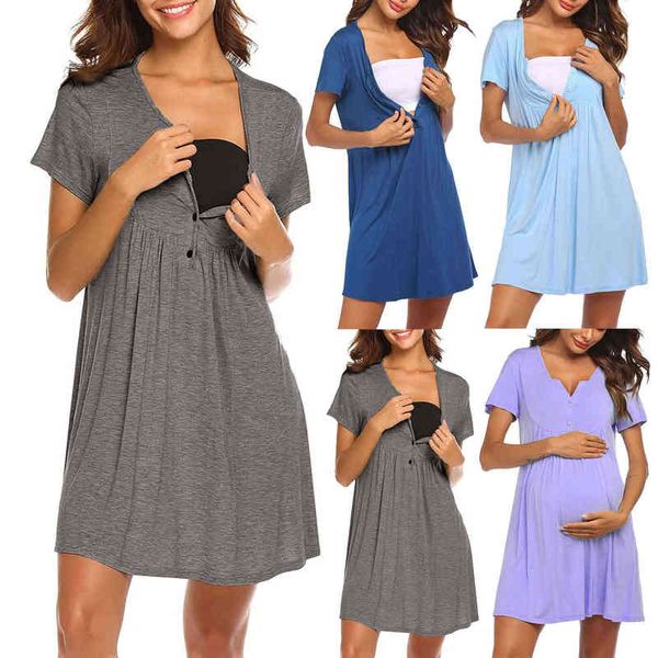 

pregnant women nightgown dress maternity nursing nightwear pajama o-neck solid buttons short sleeve dresses pregnancy clothing g220309, White