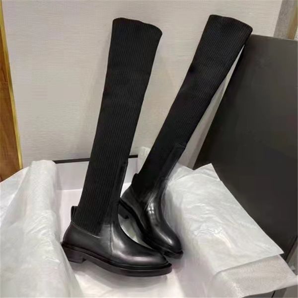 

new cuff rib socks low heel high boots rockoko stretch knit black leather biker over the knee boots women's luxury designer shoes facto