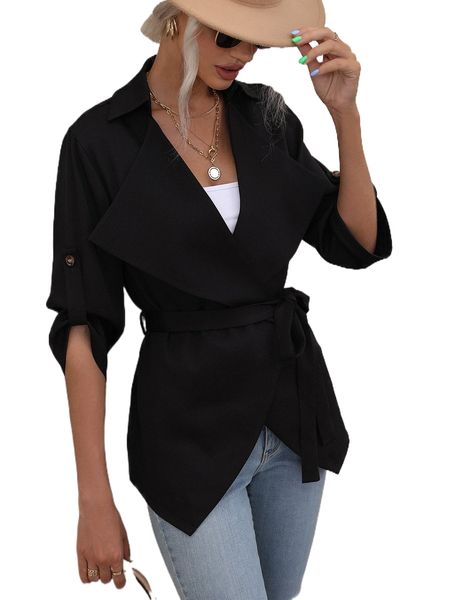 

roll up sleeve waterfall collar belted coat u1wj#, Black