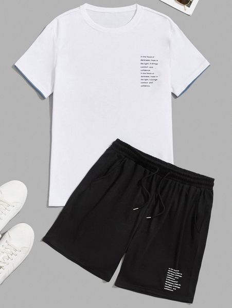 

men slogan graphic tee & drawstring waist track shorts u0qt#, Gray