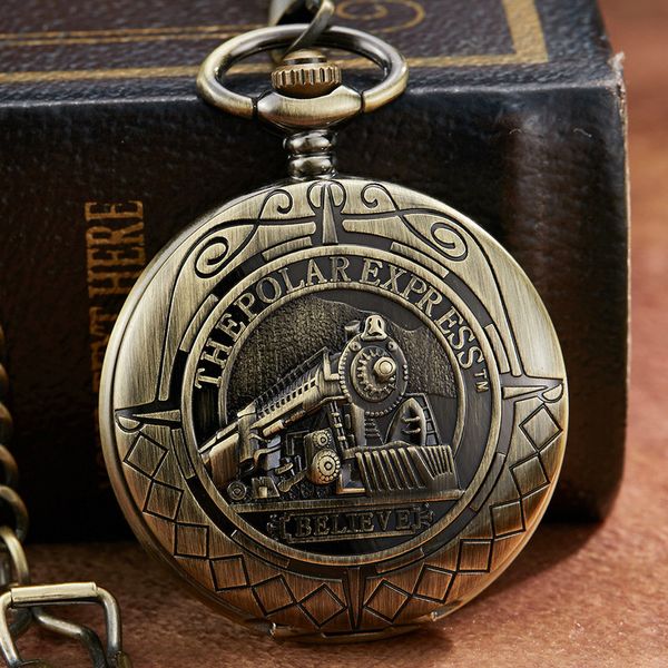 Bronze Retro Mechanical Mechanical Pocket Watch The Polar Express Design Numerais Romanos Squeleleto Hollo