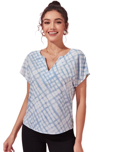 

x simone desantis plaid batwing sleeve notched neck blouse d9ra#, White