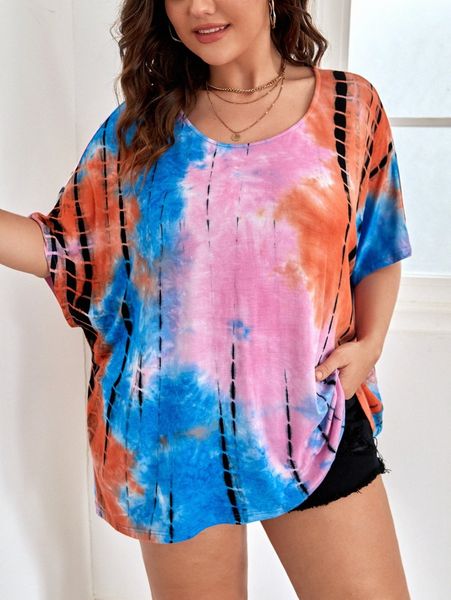 

plus tie dye batwing sleeve tee t6k9#, Black