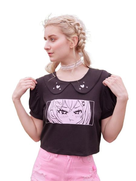 

kawaii figure & heart graphic crop tee z974#, White