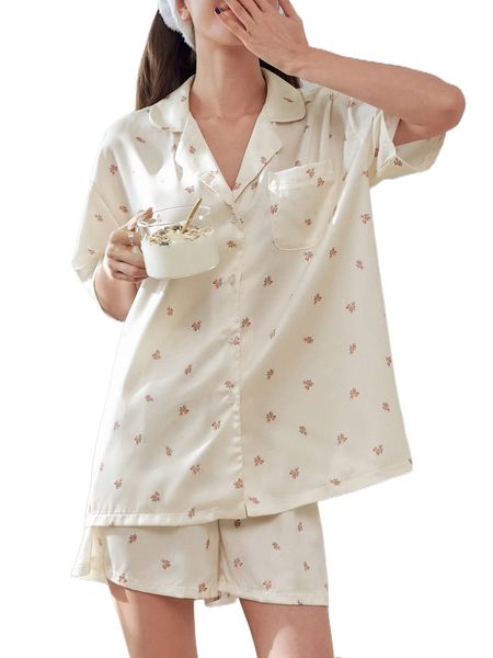 

dazy floral print patched pocket blouse & shorts pj set 63jp#, Black;red