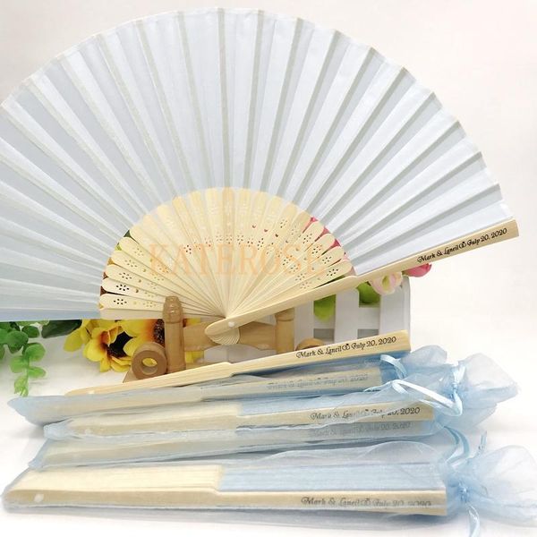 

light blue silk fabric hand fan customized wedding party decoration favors small foldable fans printing text, White