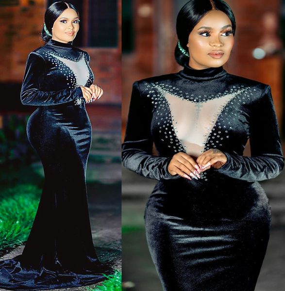

2022 plus size arabic aso ebi black mermaid prom dresses crystals velvet evening formal party second reception birthday engagement bridesmai
