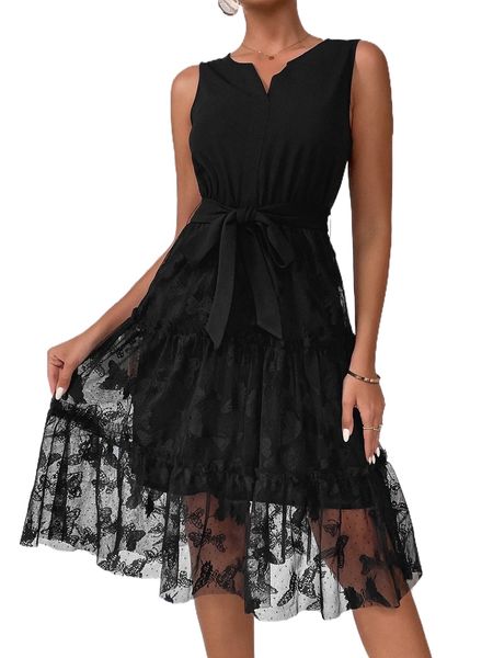 

notched neck butterfly mesh overlay ruffle hem belted dress e3wb#, Black;gray