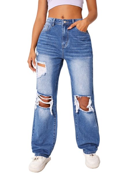 

bleach wash cat whisker cut out ripped frayed jeans c3mg#, Blue