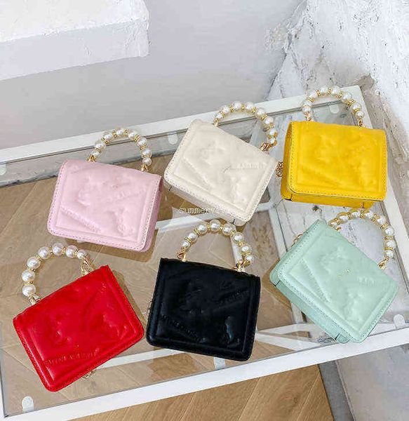 

fashion girls pearl chain handbag kids metal buckles bag children letter embossing one shoulder bags lady mini purese messenger purse a5851, Black