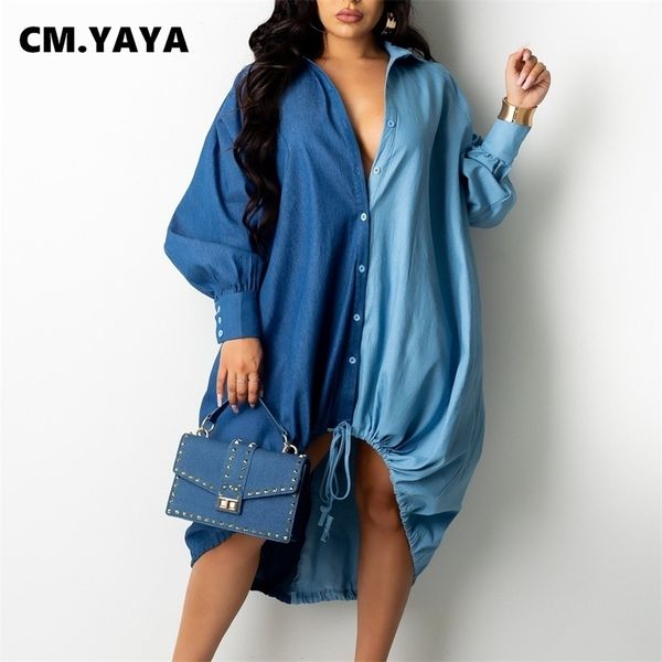 

cm.yaya women patchwork long sleeve denim button up turn down neck loose blouses style dress autumn winter irregular dresses 220516, Black;gray