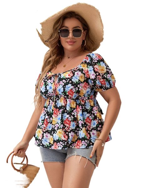 

plus floral print tie neck puff sleeve peplum blouse p8k1#, Black