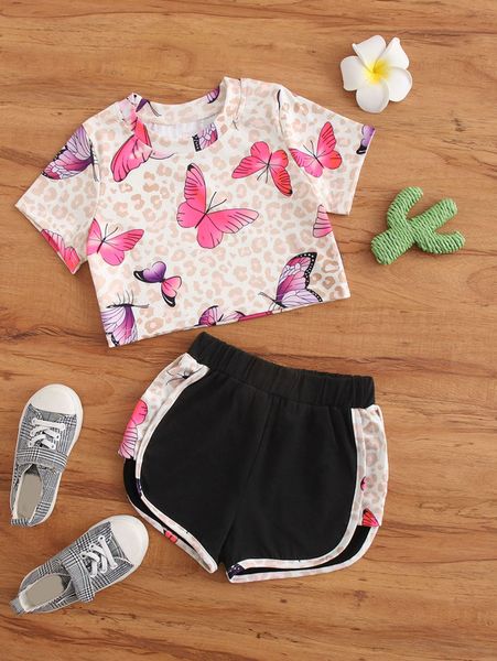 

toddler girls leopard and tee & contrast binding shorts she, White