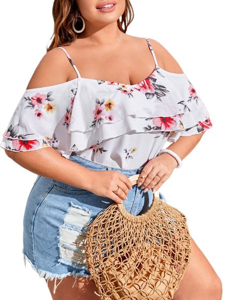 

plus floral print cold shoulder ruffle trim blouse g43c#, Black