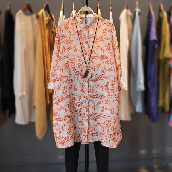 

women's blouses & shirts cotton linen printed long women summer vintage 2022 o-neck straight elegant female outwear coats women's, White