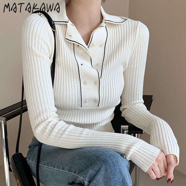 

long sleeve slim sweater korean autumn and winter simple lapel double breasted contrast color knitted s 210506, White