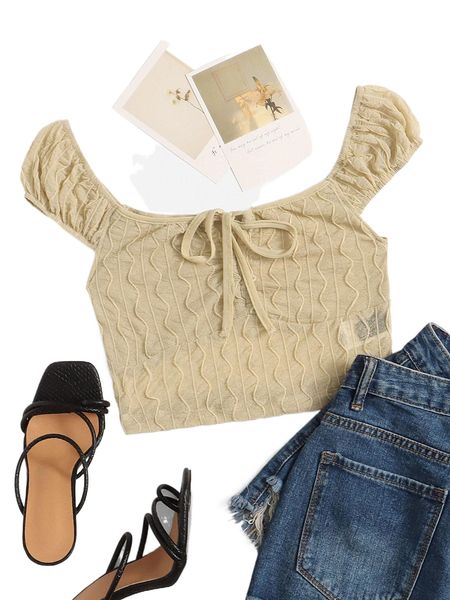 

tie front ruched bust textured mesh crop r4s9#, White