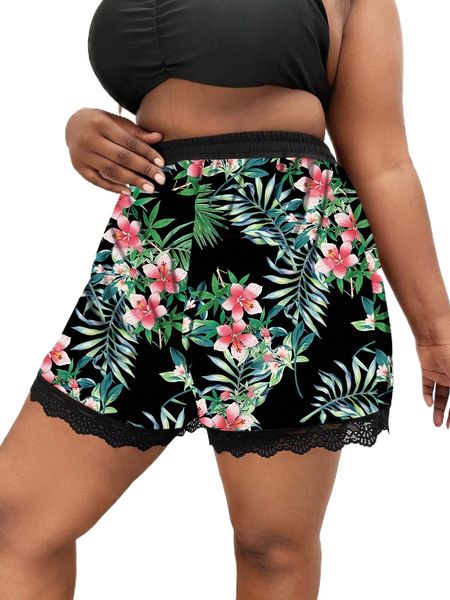 

plus tropical print lace trim bikini bottom e9df#, Black