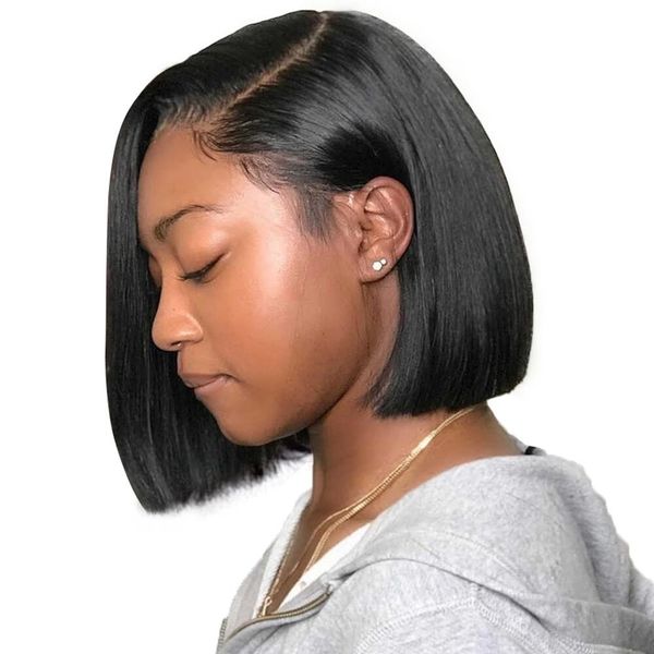 

straight pixie cut wigs side part lace front human hair wig preplucked for black women transparent short bob wig brazilian remy, Black;brown