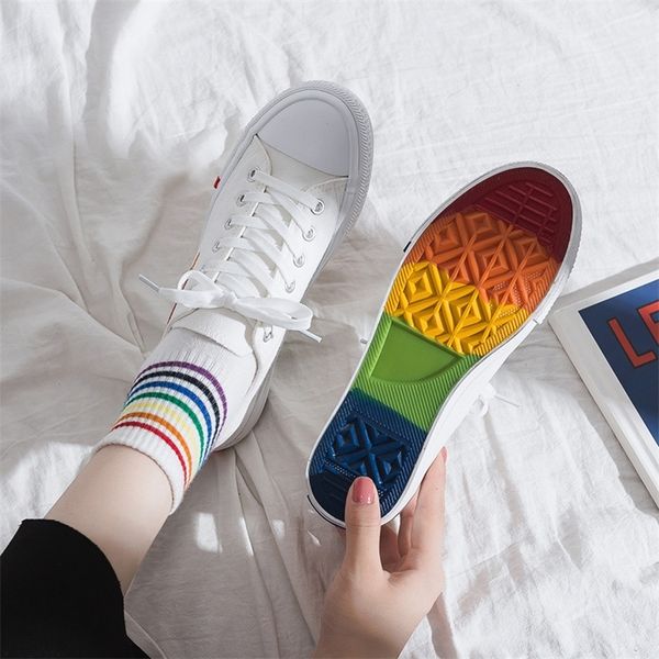 

women canvas shoes rainbow flats spring autumn female lace-up white sneakers casual woman vulcanized shoes zapatillas mujer 220816, Black;white