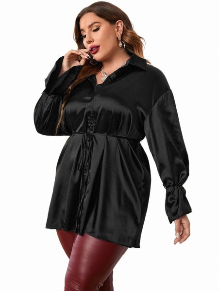 

plus flounce sleeve belted shirt f5kg#, Black