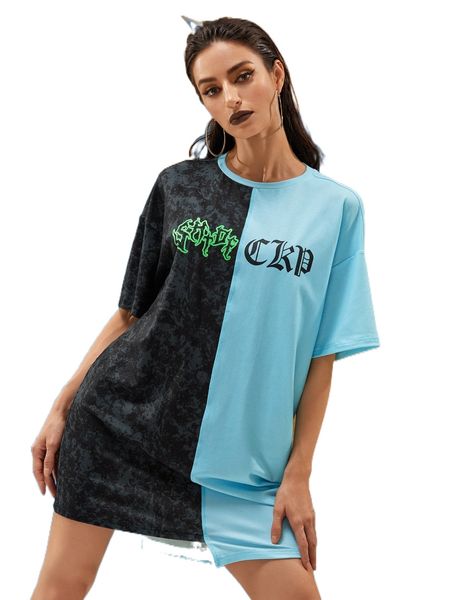 

x tatyana letter graphic drop shoulder two tone tee dress 047u#, Black;gray