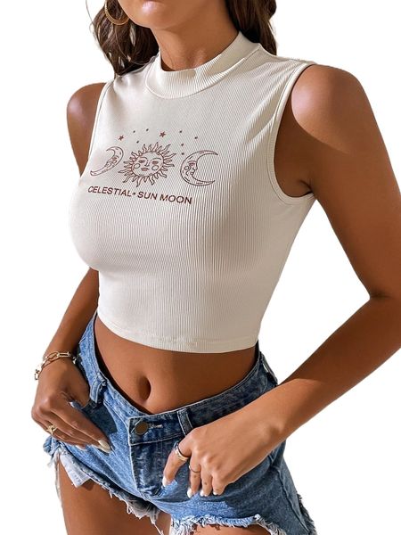 

sun & moon print rib knit crop tank f7rc#, White