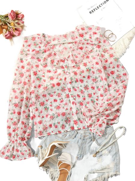 

ditsy floral print ruffle trim flounce sleeve blouse w6ib#, White