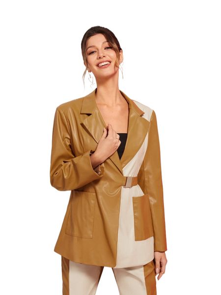 

x candylowen two tone buckle waist pu leather blazer 172b#, White