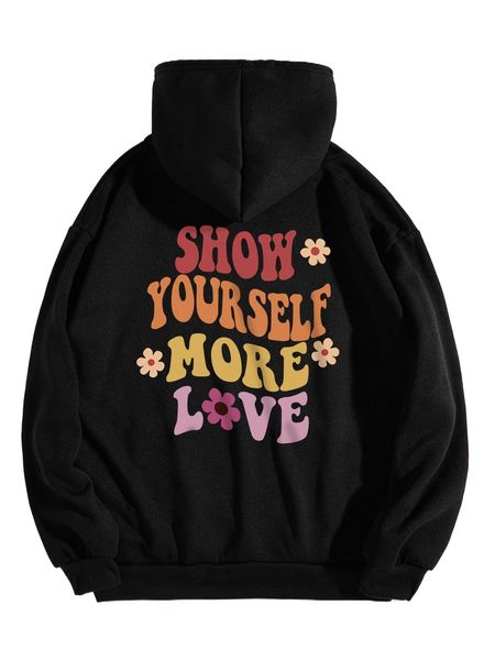 

slogan & floral print kangaroo pocket thermal drawstring hoodie i7gc#, Black