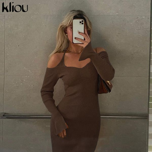 

knitted solid maxi dress women autumn halter slash neck bodycon robe female lady body-shaping elegant vestidos skirt, Black;gray
