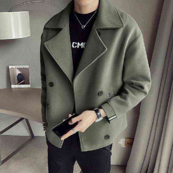 

men's wool & blends woolen trench coat men autumn winter thick overcoat short jacket british korean trendy mens t220810, Black