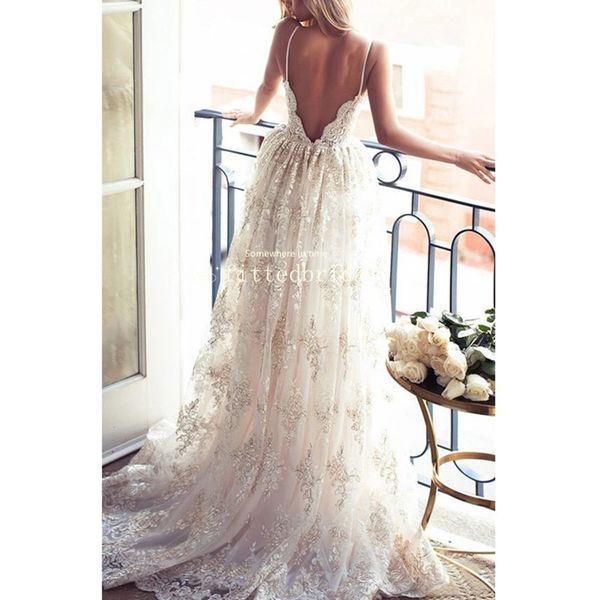 

long a-line spaghetti strap backless lace wedding dress, White