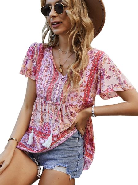 

all over floral print tassel detail peplum blouse y8m0#, White