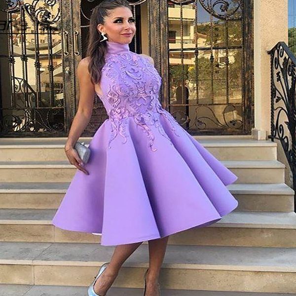 Lavendel Sexy Kurze Ballkleider mit Stehkragen 2022 ALine Knielang Arabisch Naher Osten Partykleid Elegantes Damen Abendkleid Vestidos Gala Cocktail Formelle Kleidung