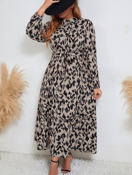 

plus allover print bishop sleeve ruffle hem belted dress 91wp#, Black