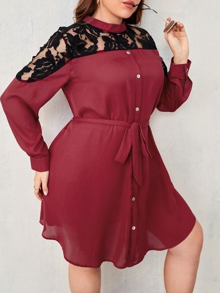 

plus lace yoke belted shirt dress k25w#, Black
