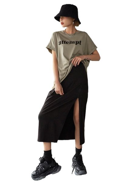 

dazy letter graphic batwing sleeve tee & split thigh skirt p6l1#, White
