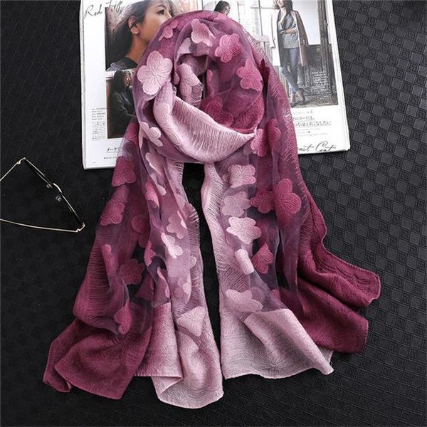 

fashion women cut flowers hollow lace gradient silk scarf spring autumn winter shawls and wraps towel femme beach pashmina, Blue;gray